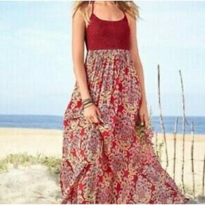 Sundance Red Floral Crochet Halter Maxi Dress Size Medium